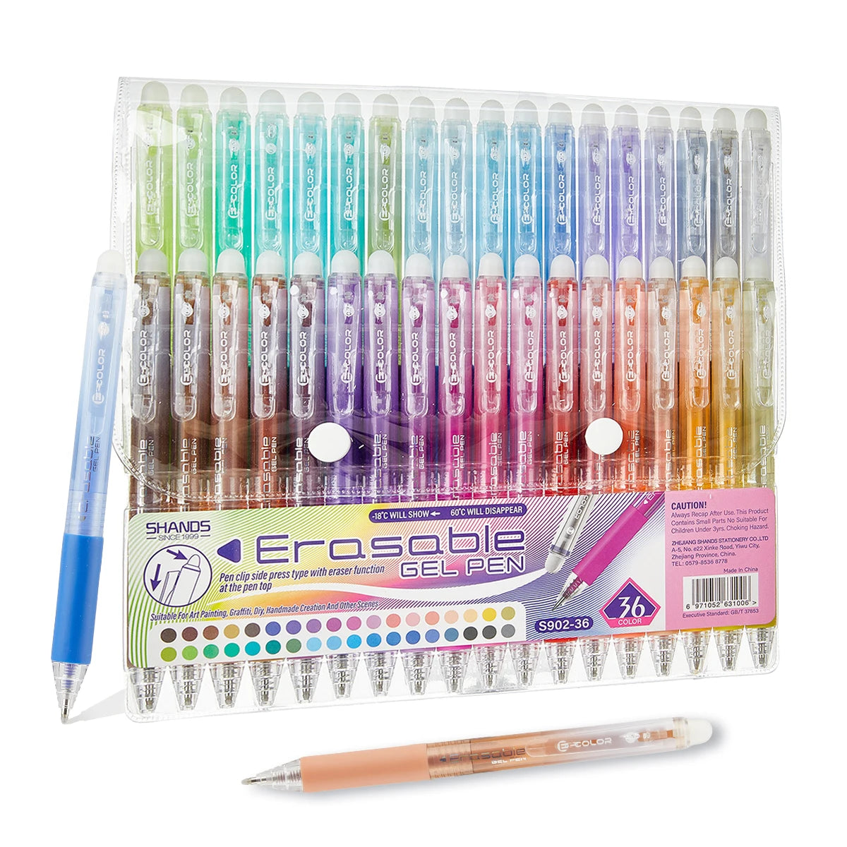 A plastic case holds a set of 36 colorful erasable gel pens with tips and caps.