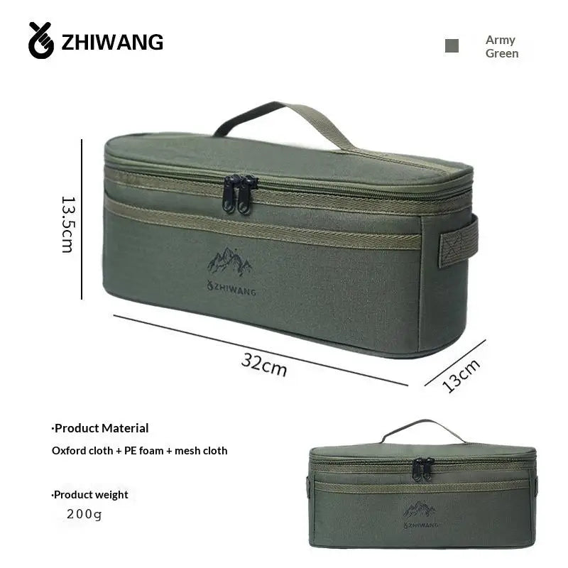 Olive green portable storage bag for camping tableware with organizer compartments