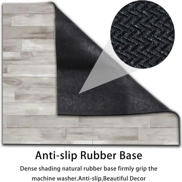 Anti-slip rubber base for a machine washer featuring wood grain siding and a black fabric cover.