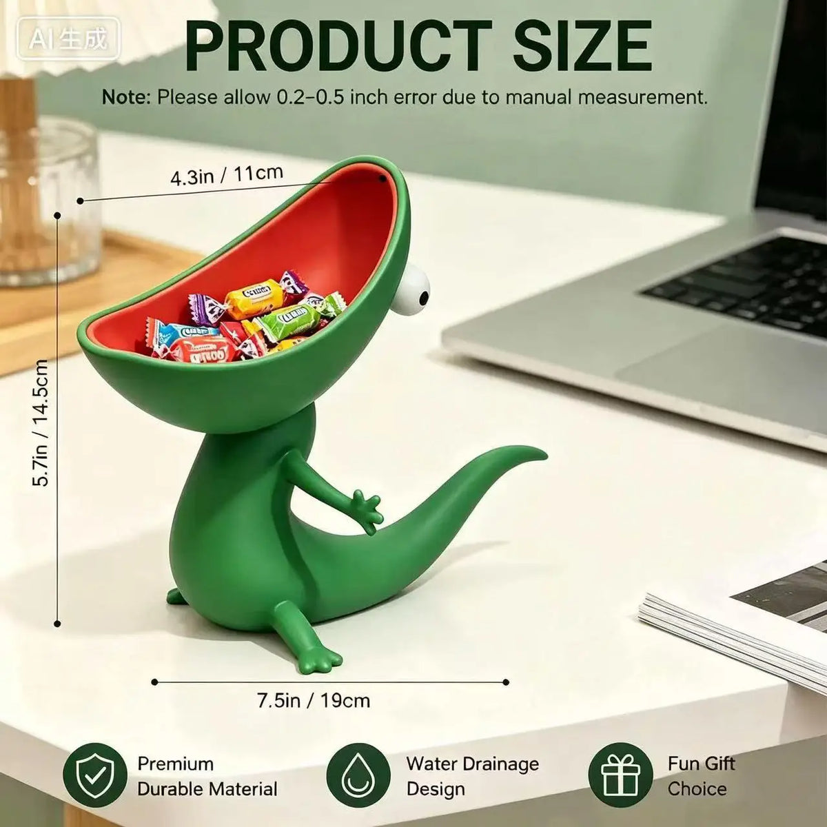 A green lizard-shaped soap holder with an open mouth design is shown on a white table.