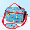 A blue insulated lunch bag with a red strap featuring cartoon sea creatures and boats.
