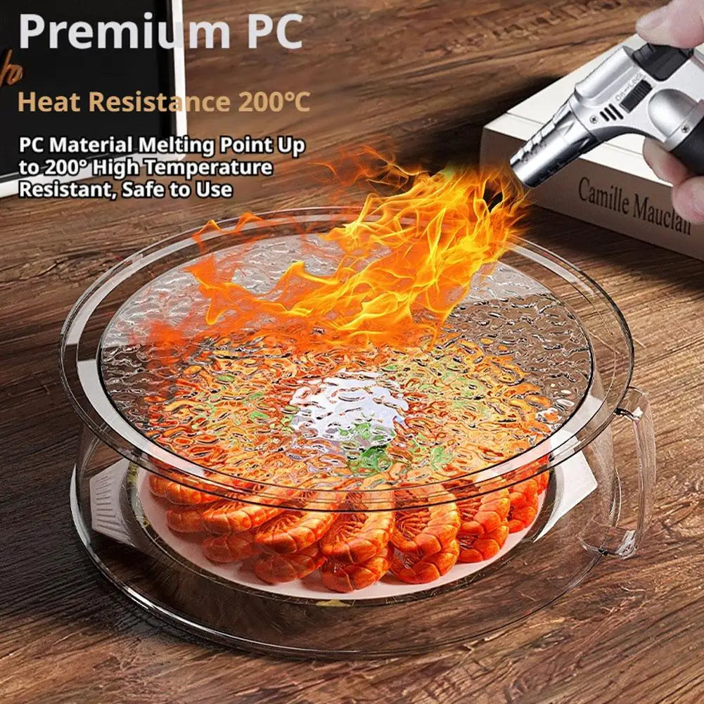 Clear microwave splatter cover with a heat-resistant handle shown over food being heated.