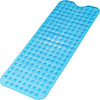 A blue non-slip bathtub mat with numerous suction cups and a cartoon bat design.