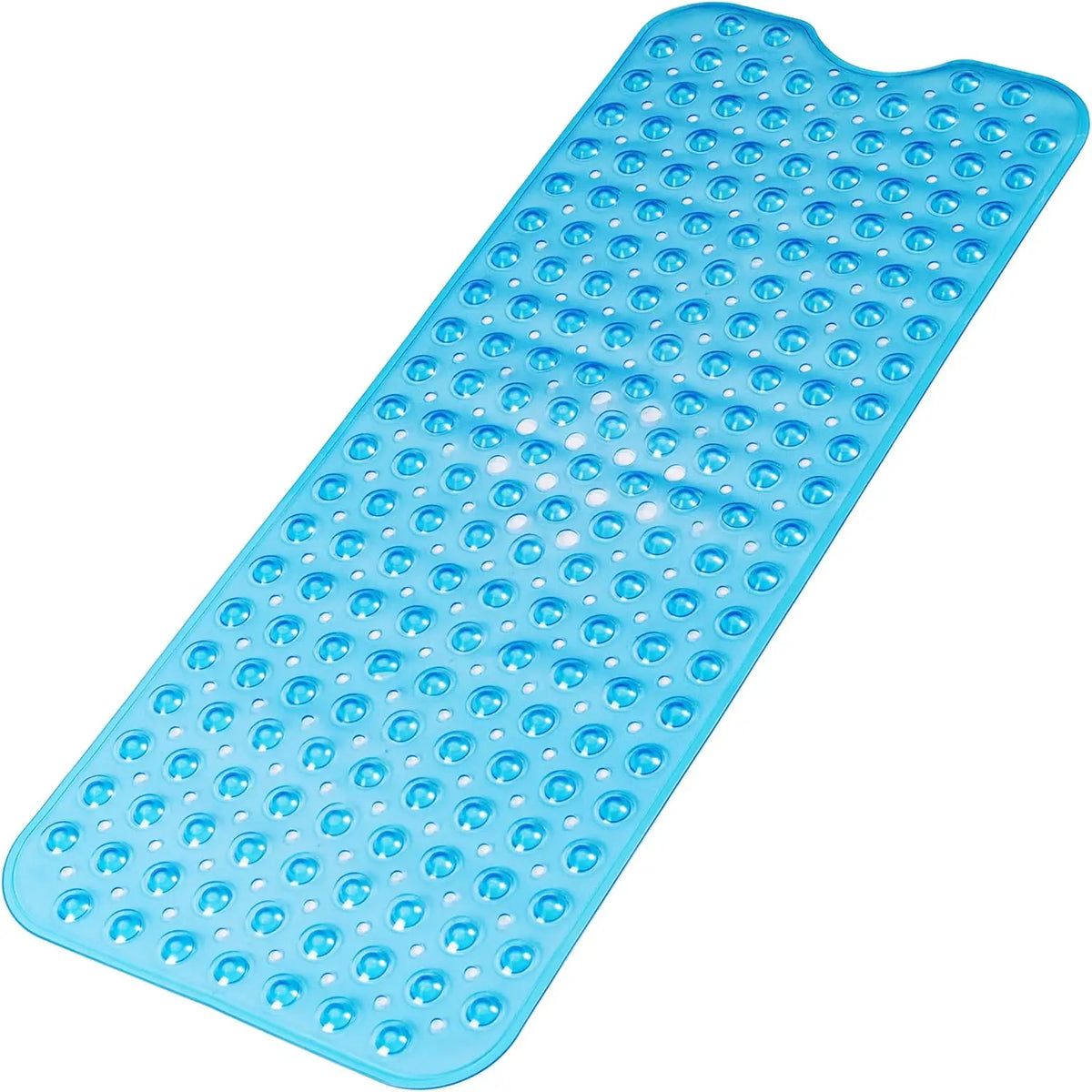 A blue non-slip bathtub mat with numerous suction cups and a cartoon bat design.