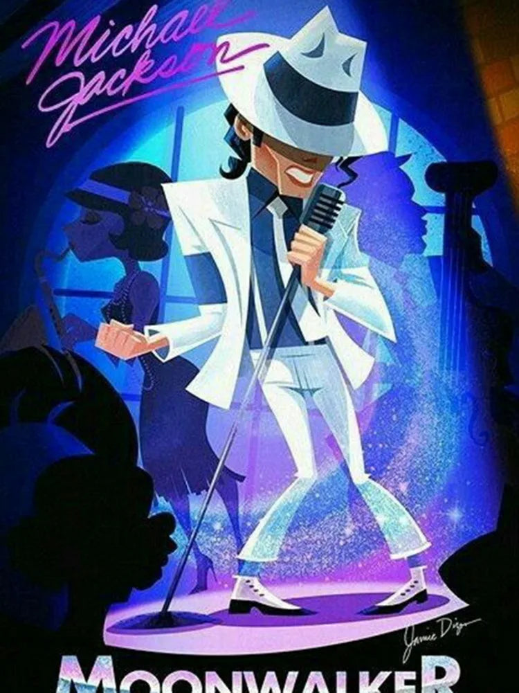 A vibrant illustration of Michael Jackson in a white suit and hat, featuring sparkling effects for a diamond painting kit.