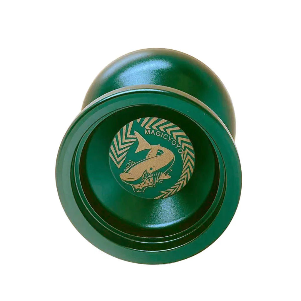 A green MAGICYOYO N12 shark metal yoyo with an unresponsive bearing and a circular logo.