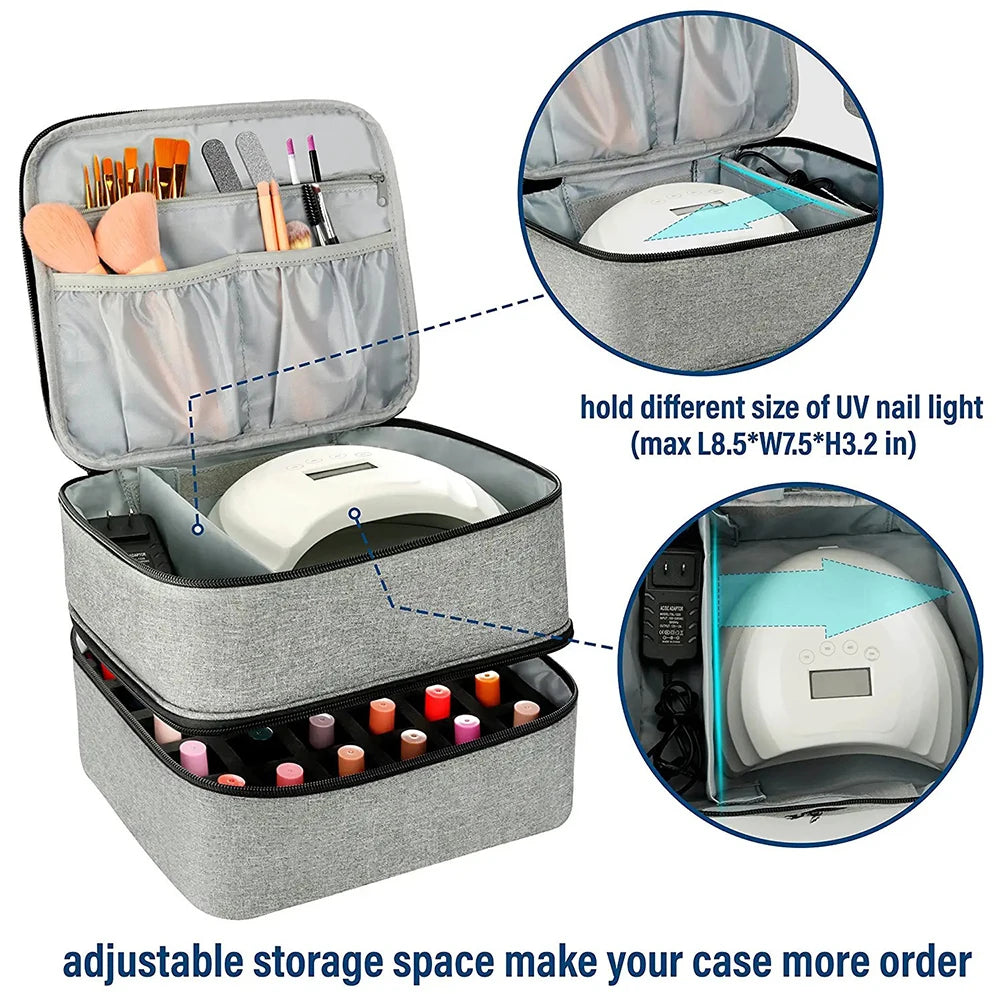 A portable nail polish organizer with adjustable storage space showing various UV nail lights and polish bottles.