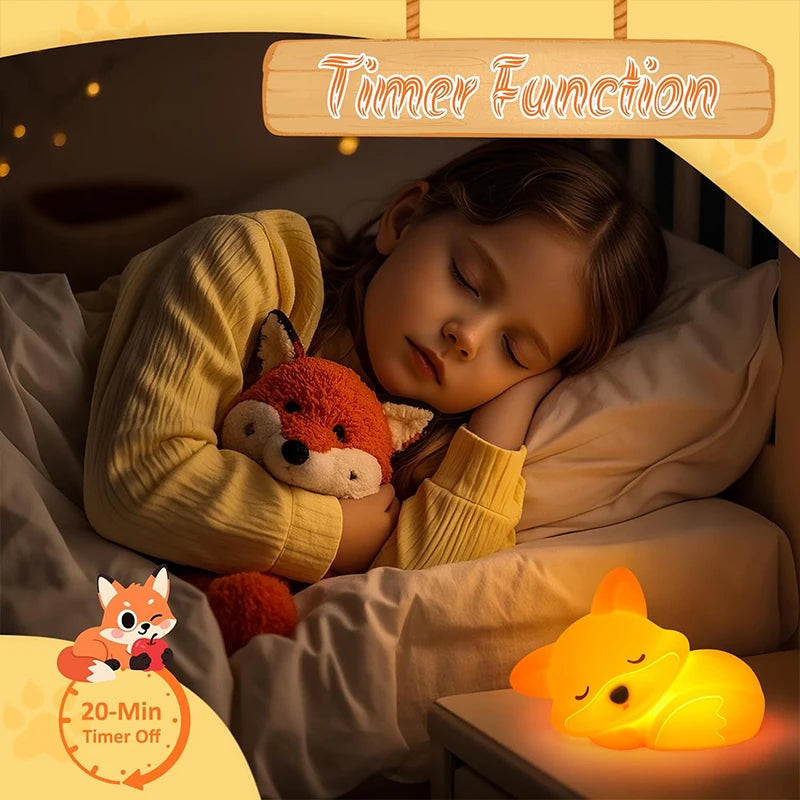 A child is sleeping peacefully with a squishy fox night light glowing beside her.