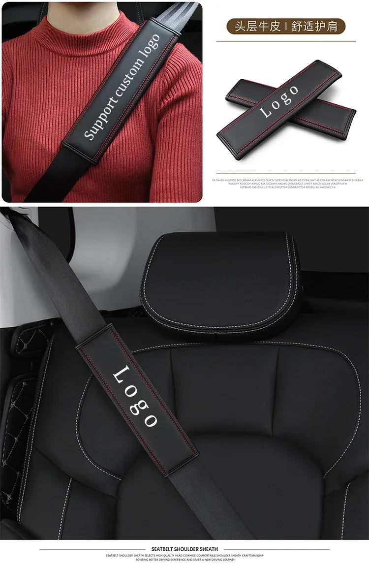 Black leather seatbelt shoulder pad with custom logo stitched onto a red sweater and car seat.