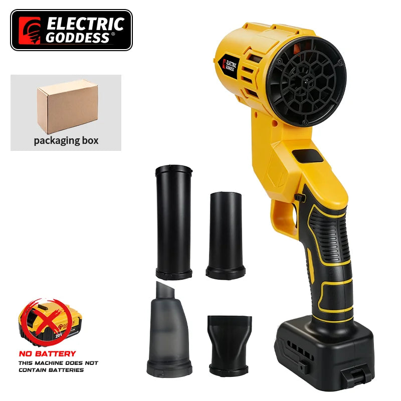 Yellow electric goddess cordless 2-in-1 brushless blower and vacuum tool with various attachments