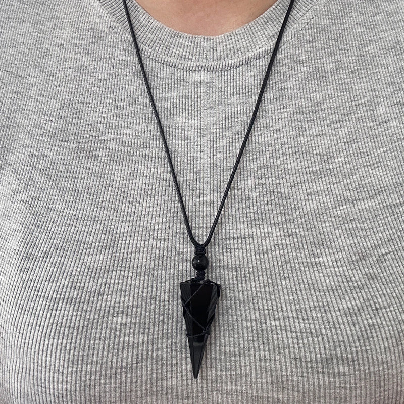 Geometric Natural Stone Pendant Necklace with Adjustable Leather Cord