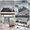 Foldable stainless steel splatter guard for stovetop shown in various angles and contexts.