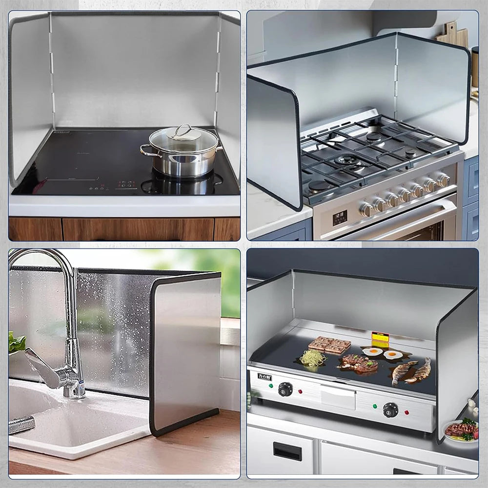 Foldable stainless steel splatter guard for stovetop shown in various angles and contexts.