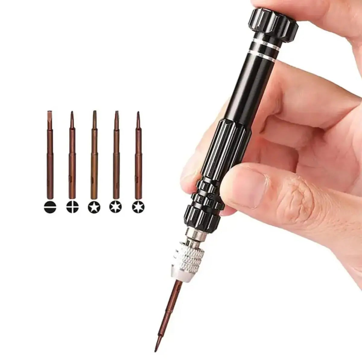 A hand holds a black compact 5-in-1 screwdriver set with multiple tips for repair work.