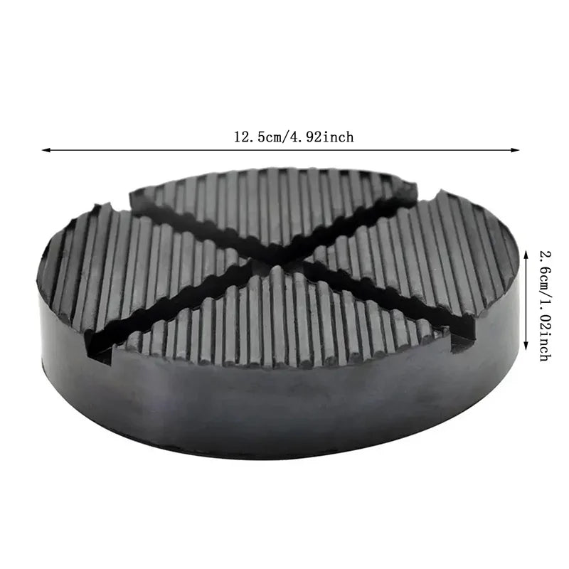 Black rubber jack pad with a cross pattern for car pinch welds