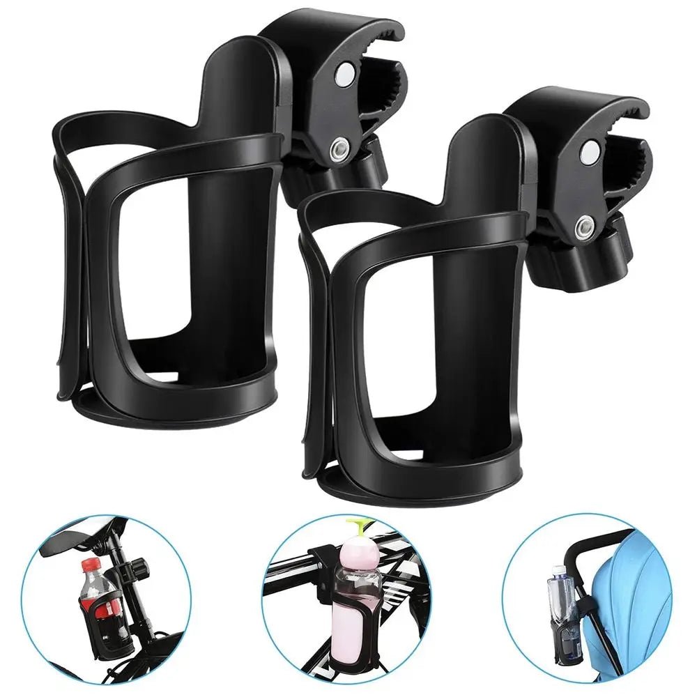 Black 360° rotating bottle holder designed for strollers, bikes, and wheelchairs.