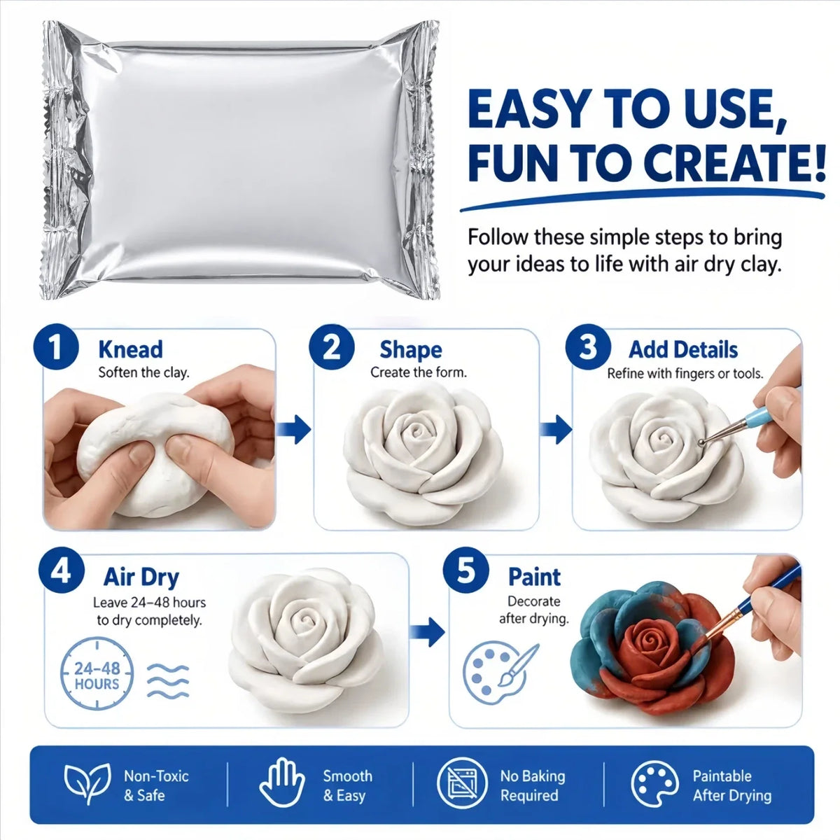 A five-step guide showing how to use air dry clay to create a rose sculpture from kneading to painting.