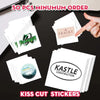 A collection of pink kiss cut stickers featuring various logos and text on white paper against a black background.