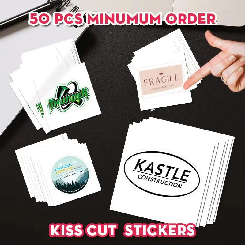 A collection of pink kiss cut stickers featuring various logos and text on white paper against a black background.
