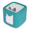 A teal silicone protective case for a Toniebox 2 audio player with two silver protective tabs.