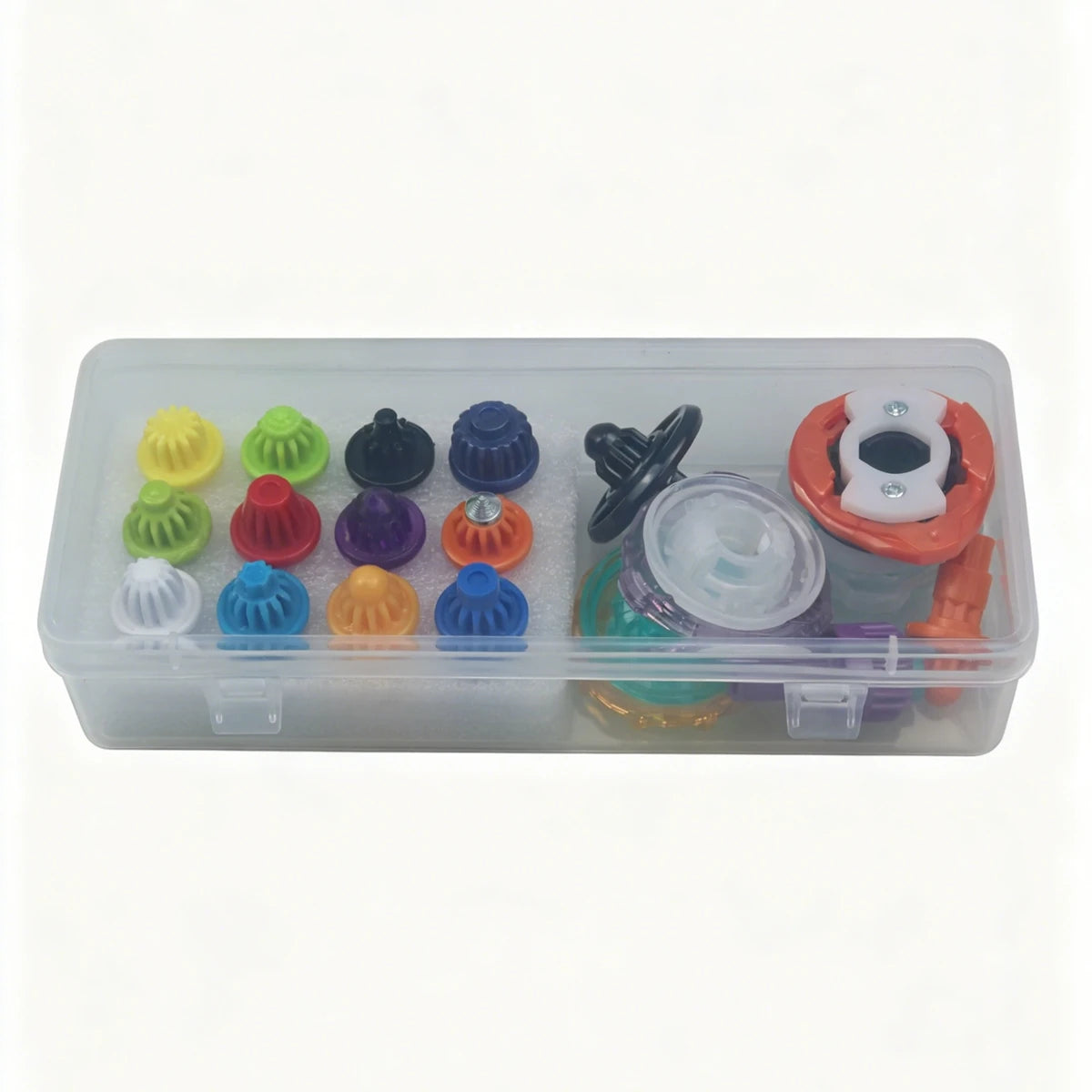 A clear plastic storage box containing various colorful spinning top customization accessories and parts.