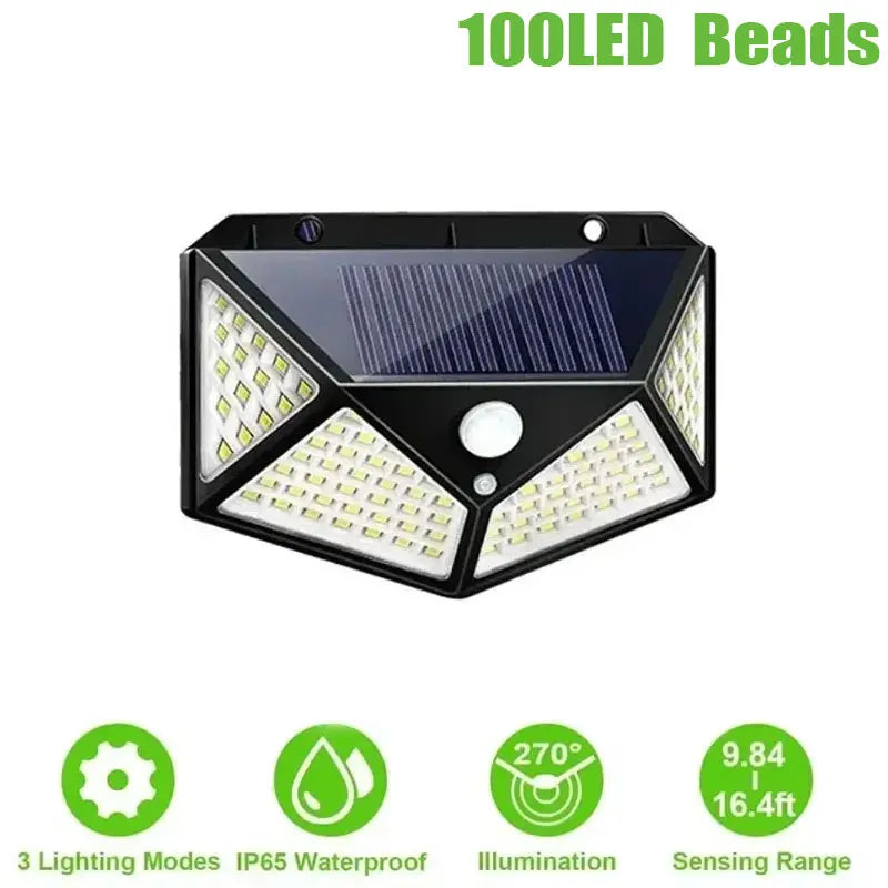A solar powered motion sensor wall light featuring 100 LED beads and various lighting modes.
