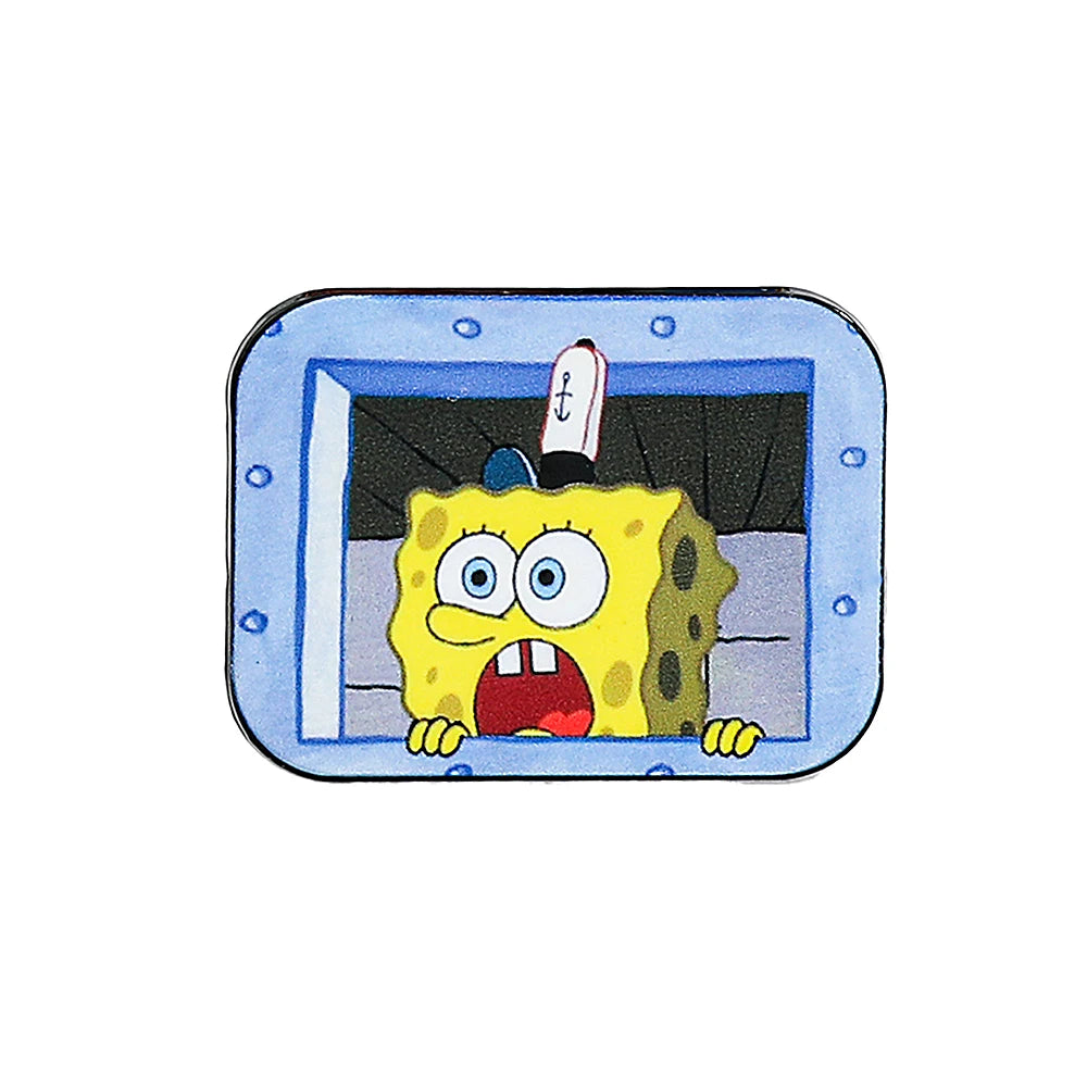 An enamel pin featuring SpongeBob SquarePants and Captain Patrick Star characters looking out of a window.