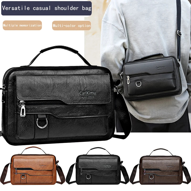 A collection of faux leather crossbody bags in black and brown colors shown against a light gray shirt.
