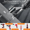 A close-up view of a screwdriver bit set showing a dual groove design on the handle and various tools like electric drills an