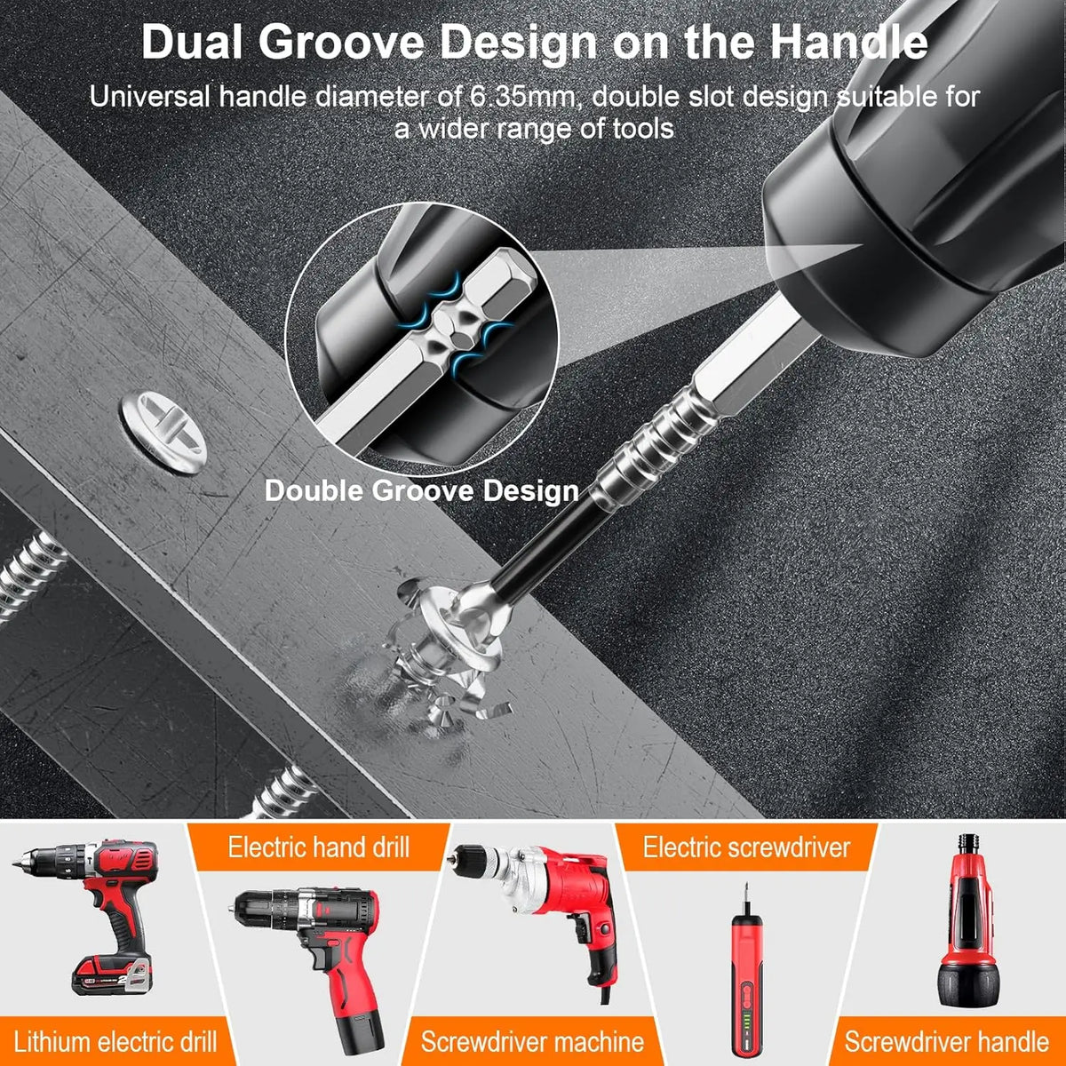A close-up view of a screwdriver bit set showing a dual groove design on the handle and various tools like electric drills an