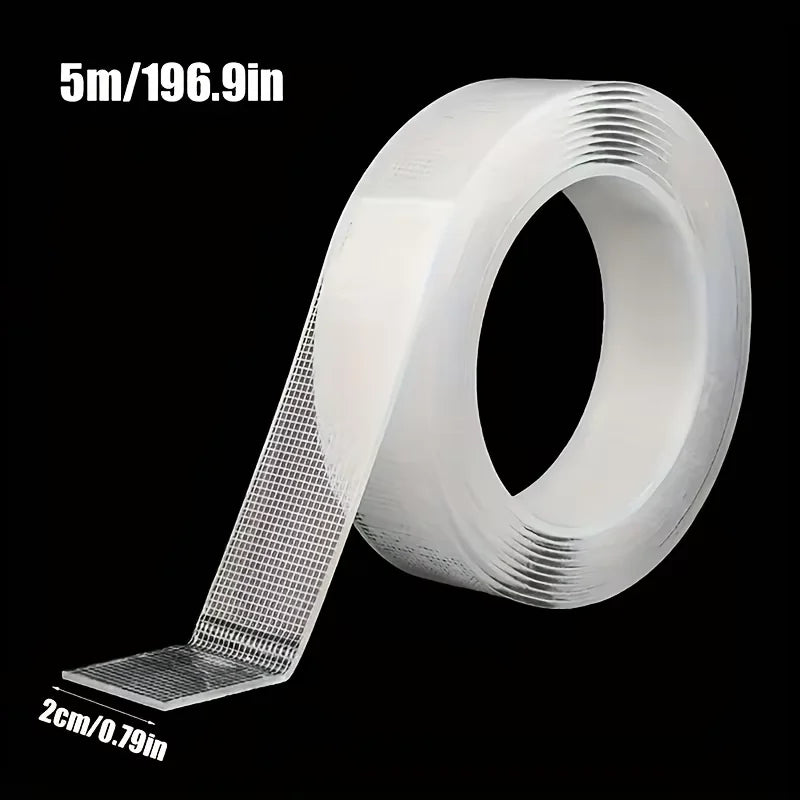 Roll of 5m (196.9in) white nano double-sided tape with a 2cm (0.79in) width shown from the side.