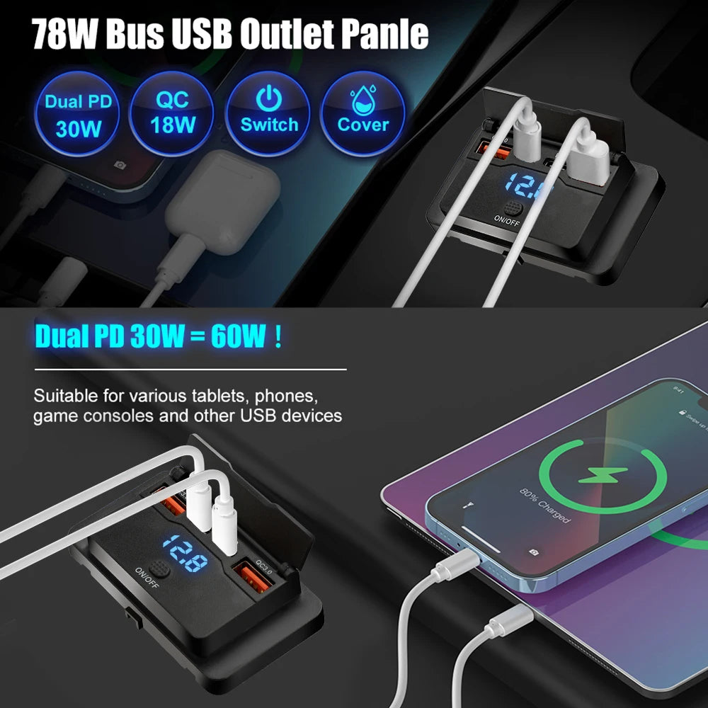 96W 4-Port USB Car Charger with Dual PD & Dual QC 3.0