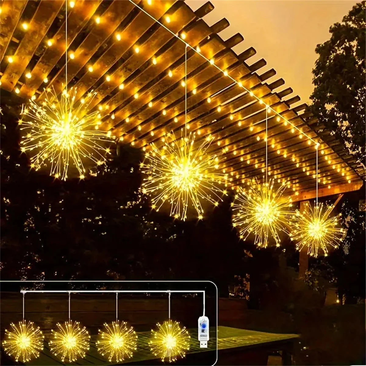 String lights illuminating a wooden pergola with sparkling LED fairy lights hanging from the structure.