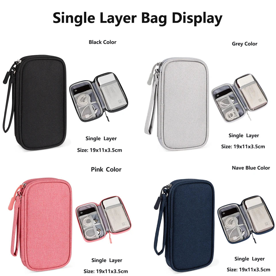 Single layer bag display in black, grey, and pink colors showing organized cables.