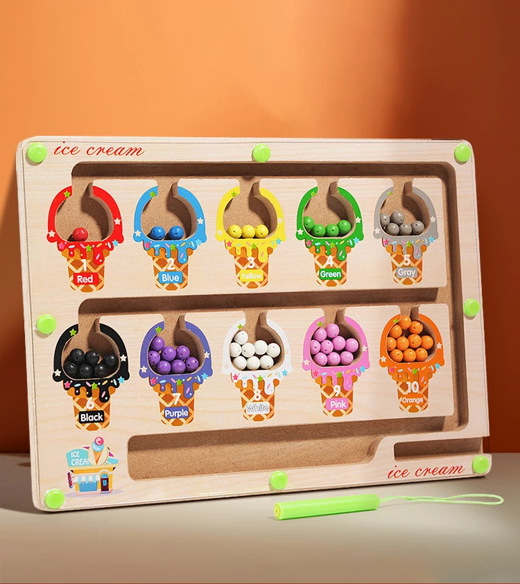 Wooden magnetic color sorting maze board with ice cream shaped magnetic pieces in various colors
