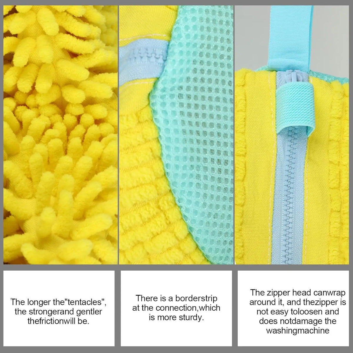 Close-up view of a yellow reusable mesh laundry bag with a light blue borderstrip and a zipper detail.
