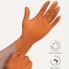 An orange heavy-duty nitrile disposable glove is shown on a hand, demonstrating tensile resistance and super rebound.