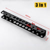 Black heavy-duty wall mounted tool storage rack with multiple mounting holes and dimensions marked.