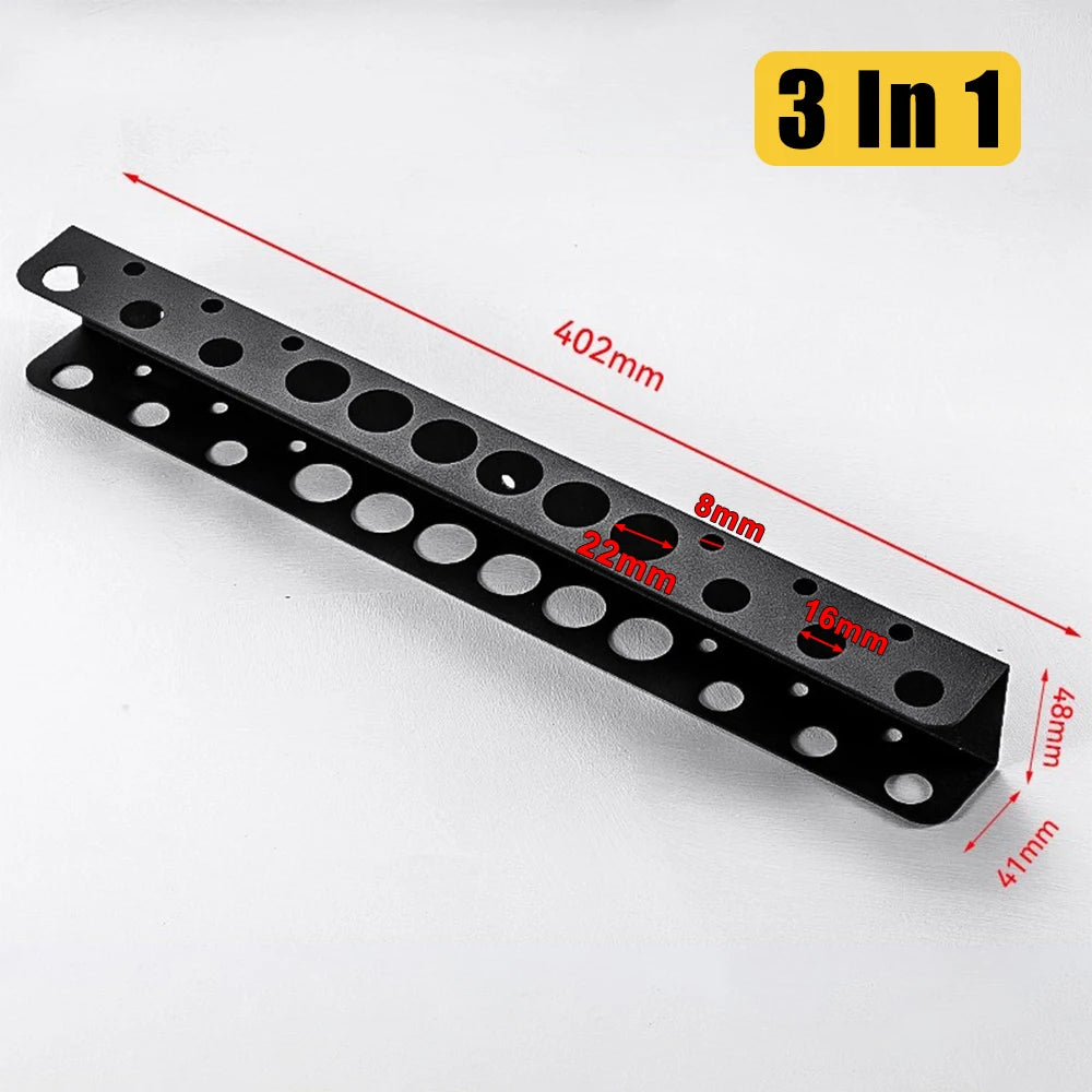 Black heavy-duty wall mounted tool storage rack with multiple mounting holes and dimensions marked.