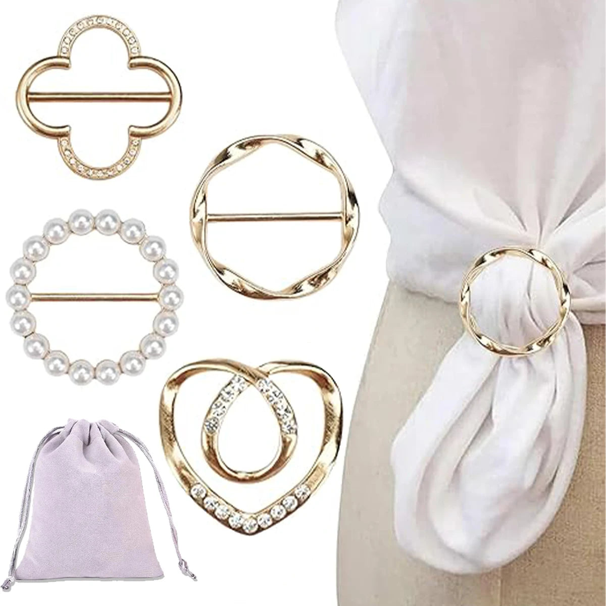 A set of gold-toned metal rings and clips designed for fastening shirts and scarves.