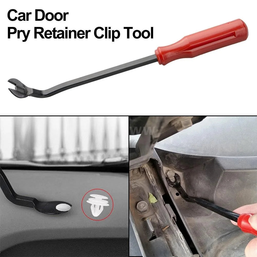 A red pry retainer clip tool used for removing and installing auto fasteners on car body trim.