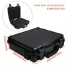 Black hard shell protective storage case for tools and instruments shown from the top and an interior view.
