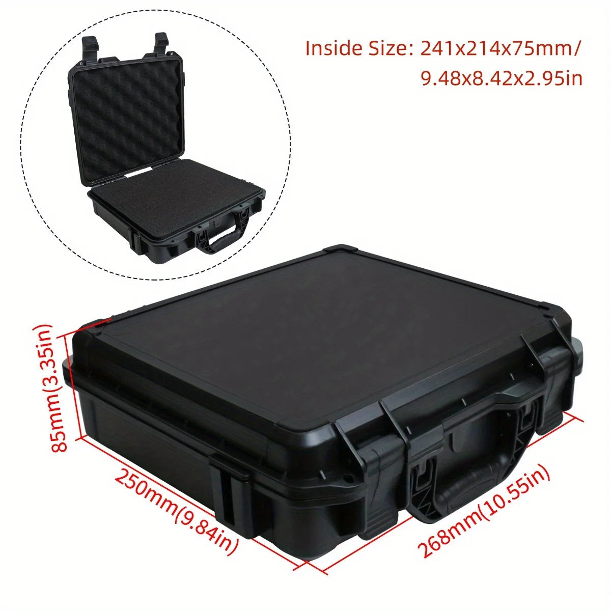 Black hard shell protective storage case for tools and instruments shown from the top and an interior view.