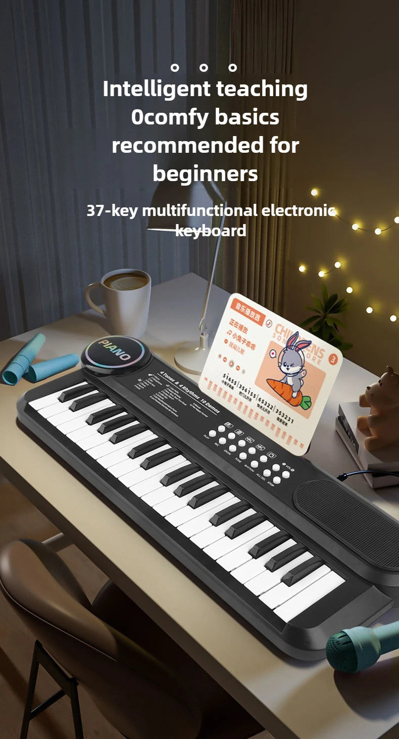 A close-up of a black 37-key multifunctional electronic keyboard with a microphone resting on a wooden desk.