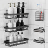 A set of six black adhesive wall-mounted shower shelves used as a bathroom organizer.