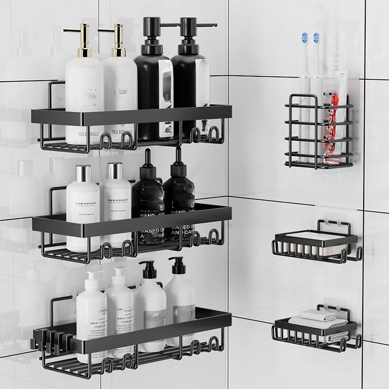 A set of six black adhesive wall-mounted shower shelves used as a bathroom organizer.