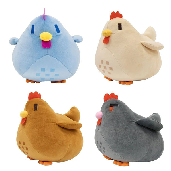 Four plush chicken toys in blue, beige, brown, and gray colors