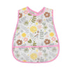 A pink and white baby feeding bib with a catch pocket featuring various floral patterns.