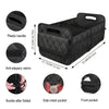 Black foldable waterproof car trunk organizer featuring a handle and multiple pockets including a buckle and mesh storage.