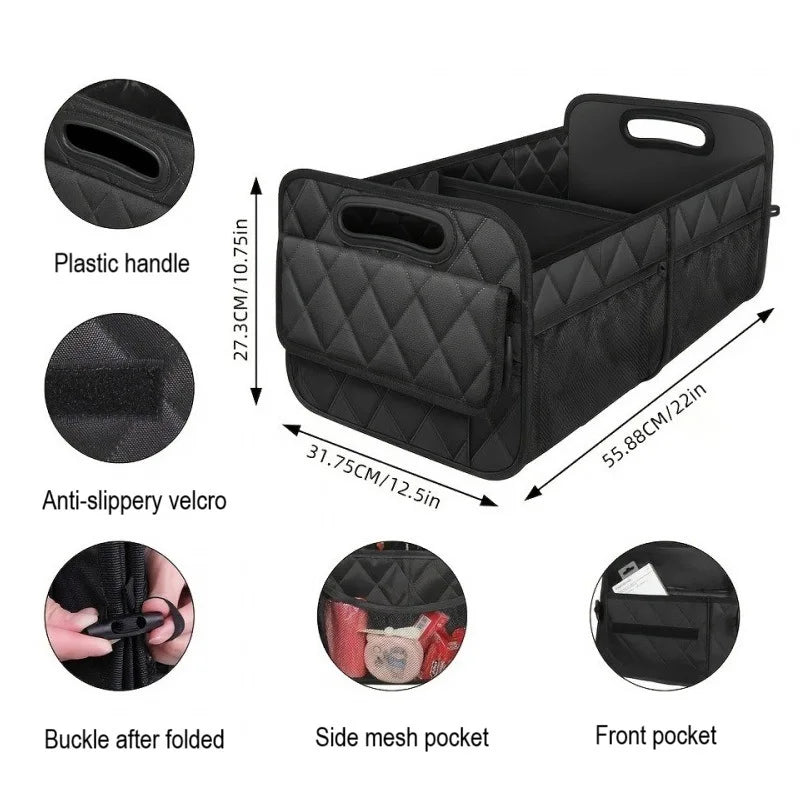 Black foldable waterproof car trunk organizer featuring a handle and multiple pockets including a buckle and mesh storage.